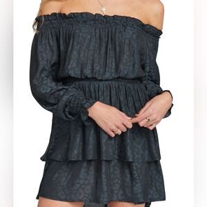 Show Me Your MuMu Esmeralda Black Smocked Silky Cheetah Off The Shoulder Dress